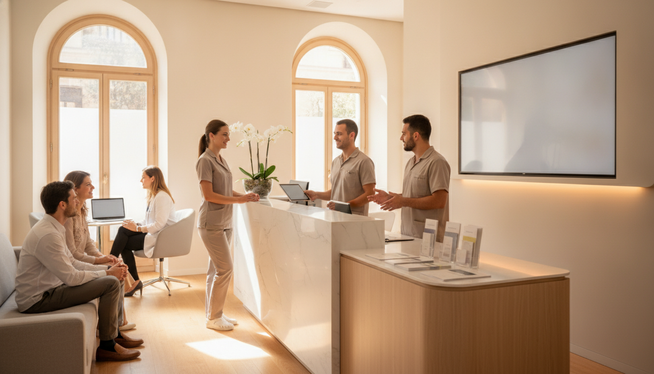 Equipo de una clínica privada trabajando en recepción