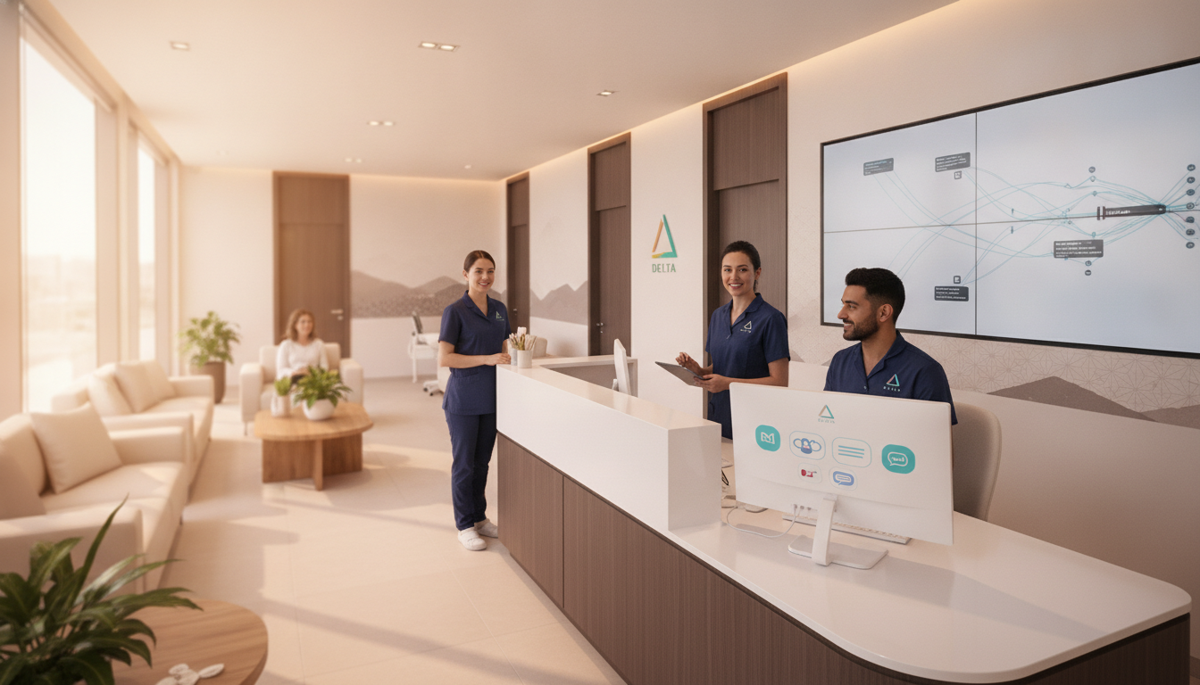 Equipo de una clínica privada trabajando en recepción