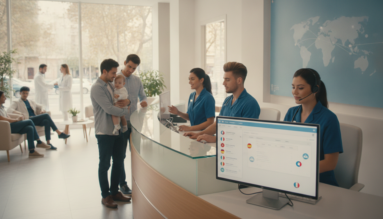 Equipo de una clínica privada trabajando en recepción