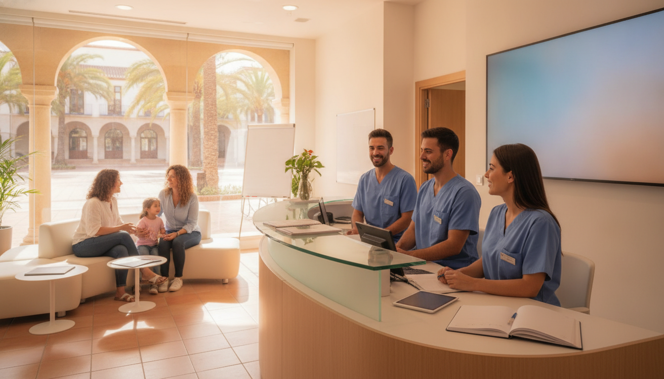 Equipo de una clínica privada trabajando en recepción