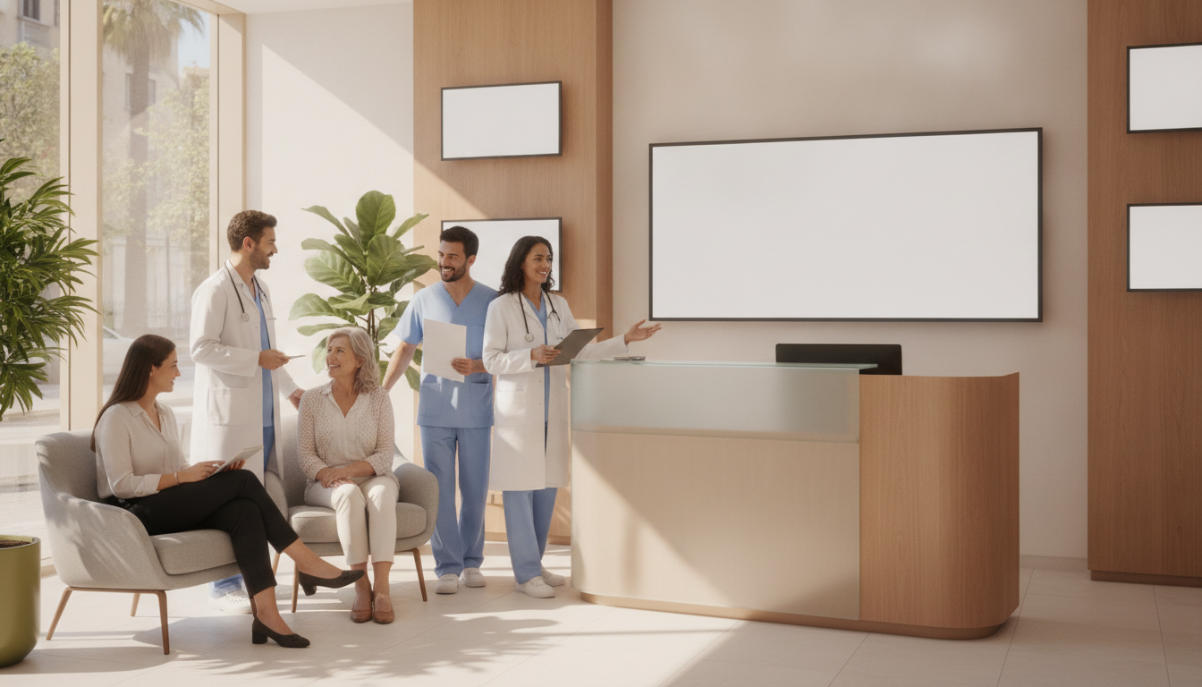 Equipo de una clínica privada trabajando en recepción