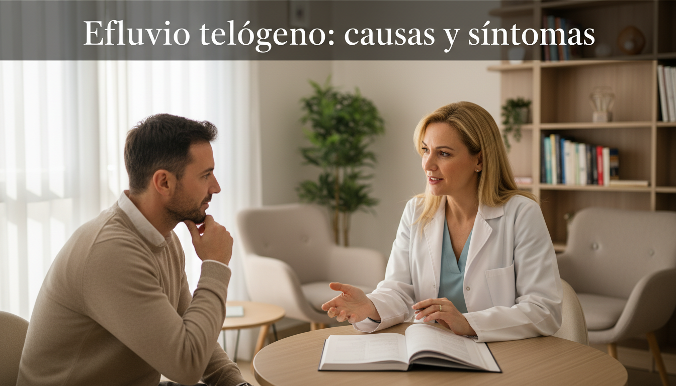 Médica conversando con un paciente durante una consulta capilar