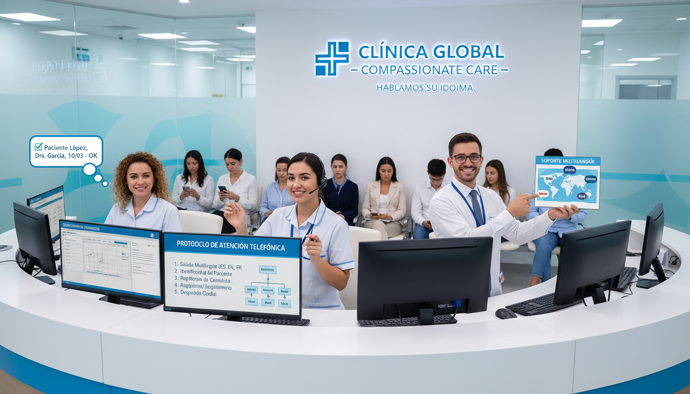 Equipo de una clínica privada trabajando en recepción