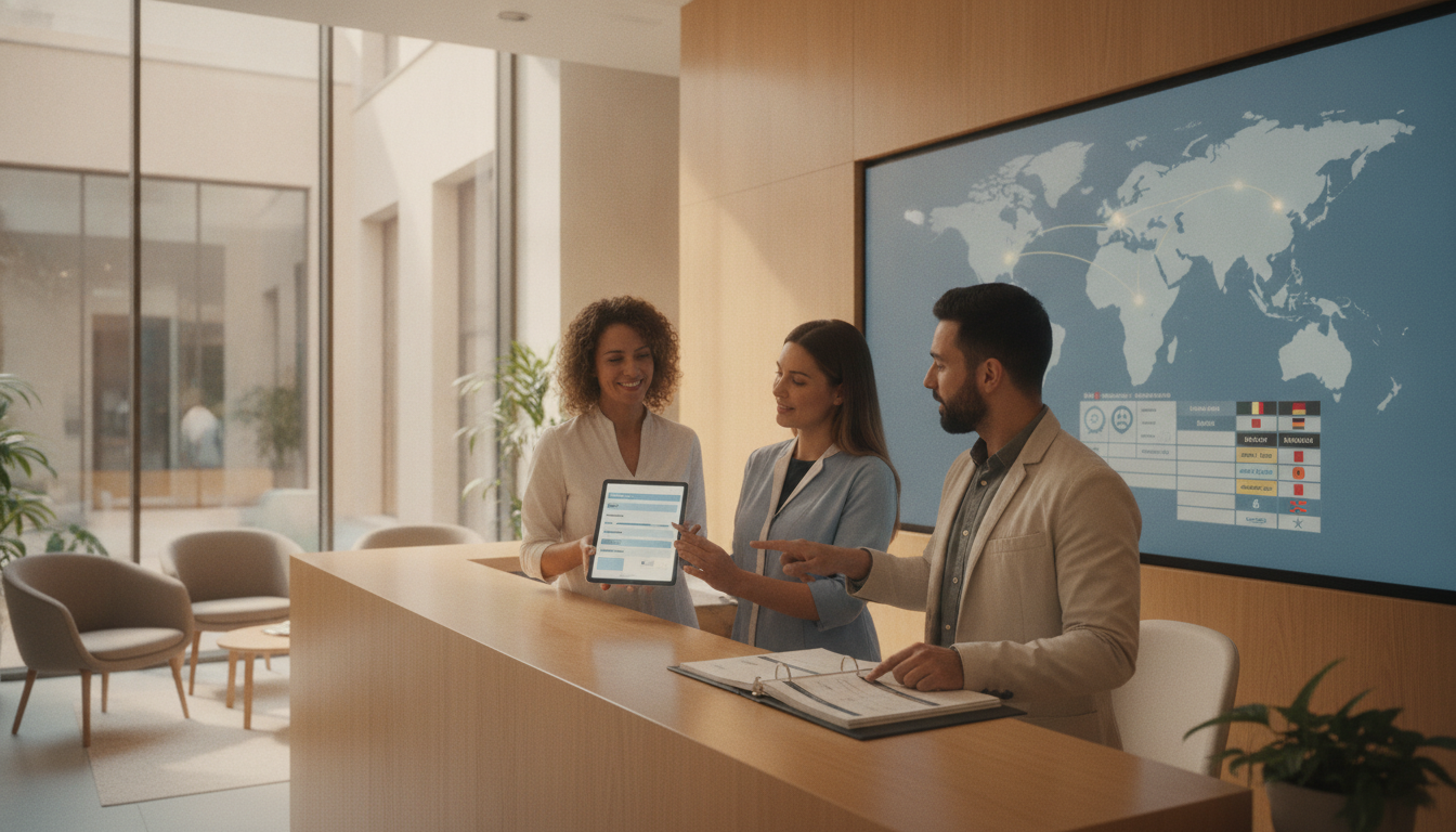 Equipo de una clínica privada trabajando en recepción