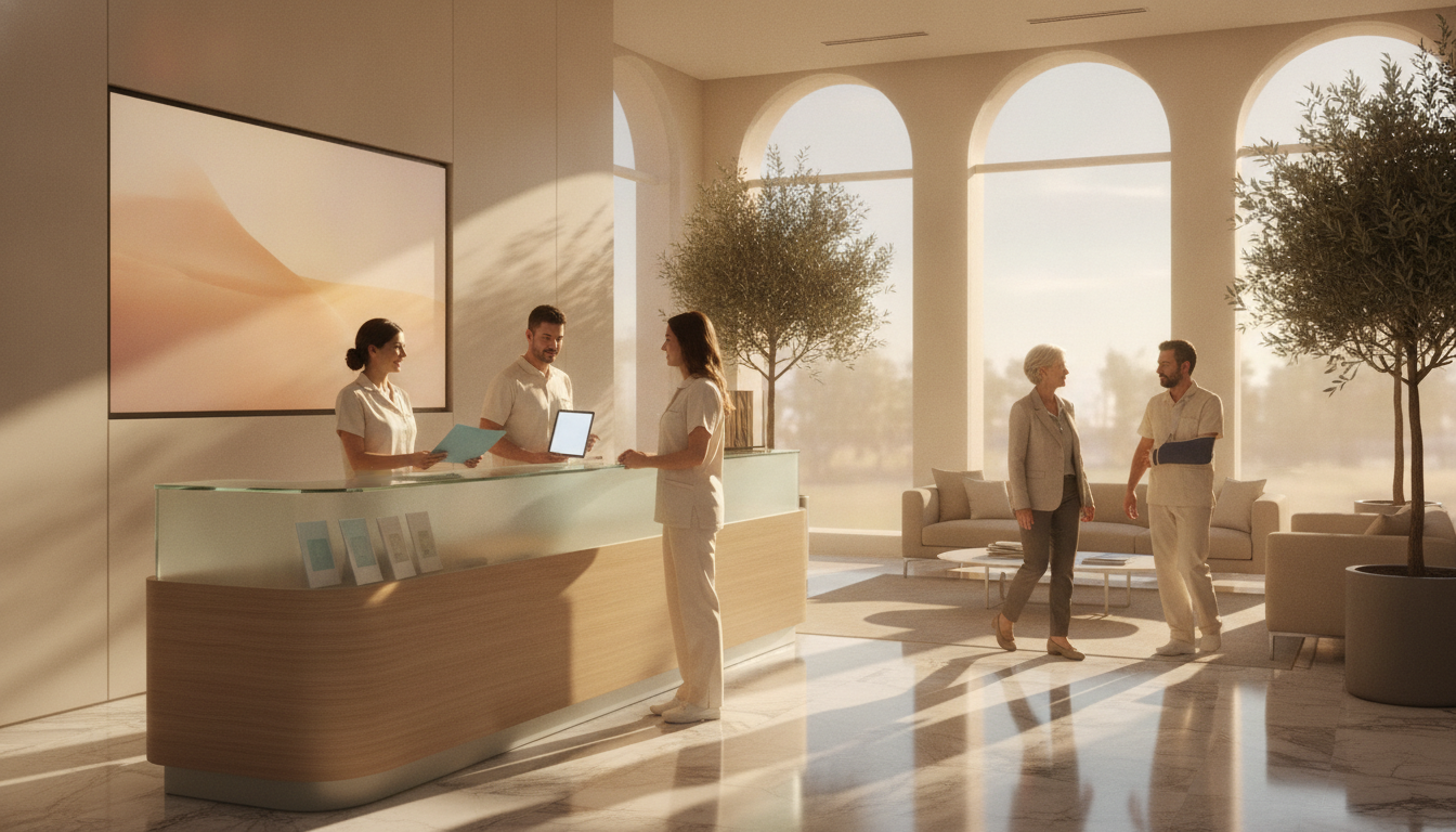 Equipo de una clínica privada trabajando en recepción