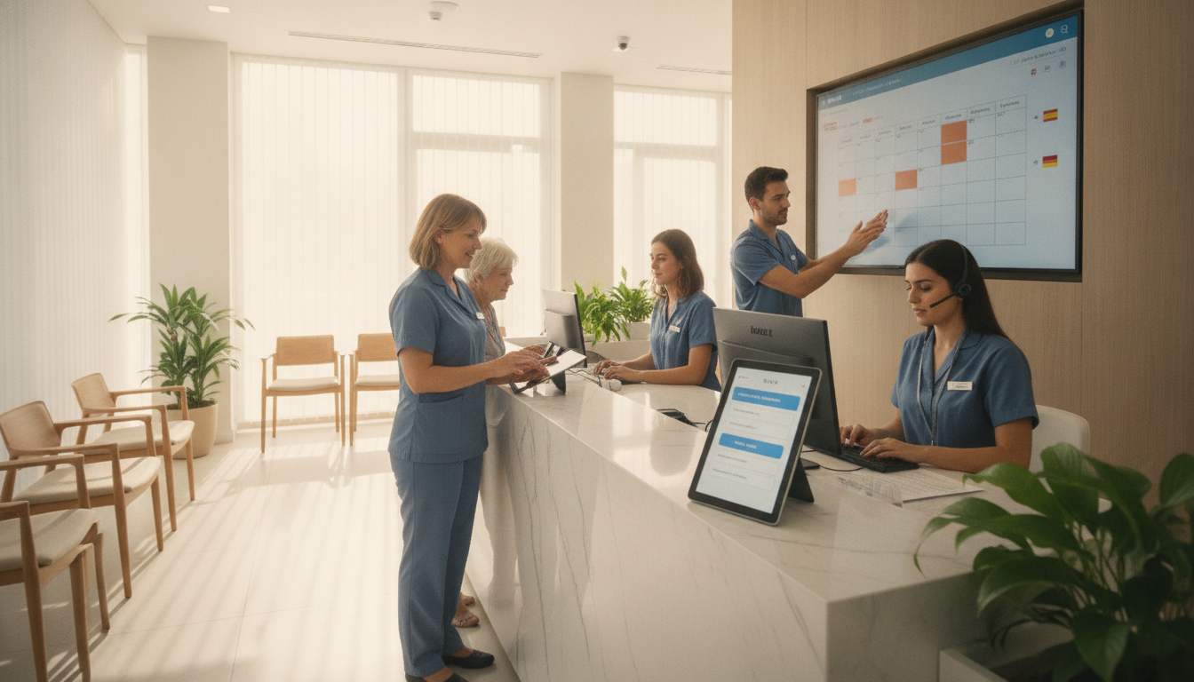 Equipo de una clínica privada trabajando en recepción