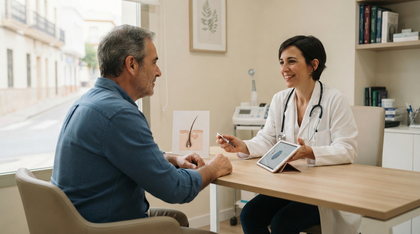 Profesional sanitario conversando con un paciente en una clínica privada