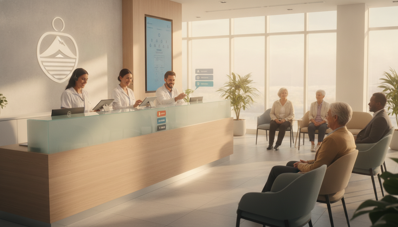 Equipo de una clínica privada trabajando en recepción