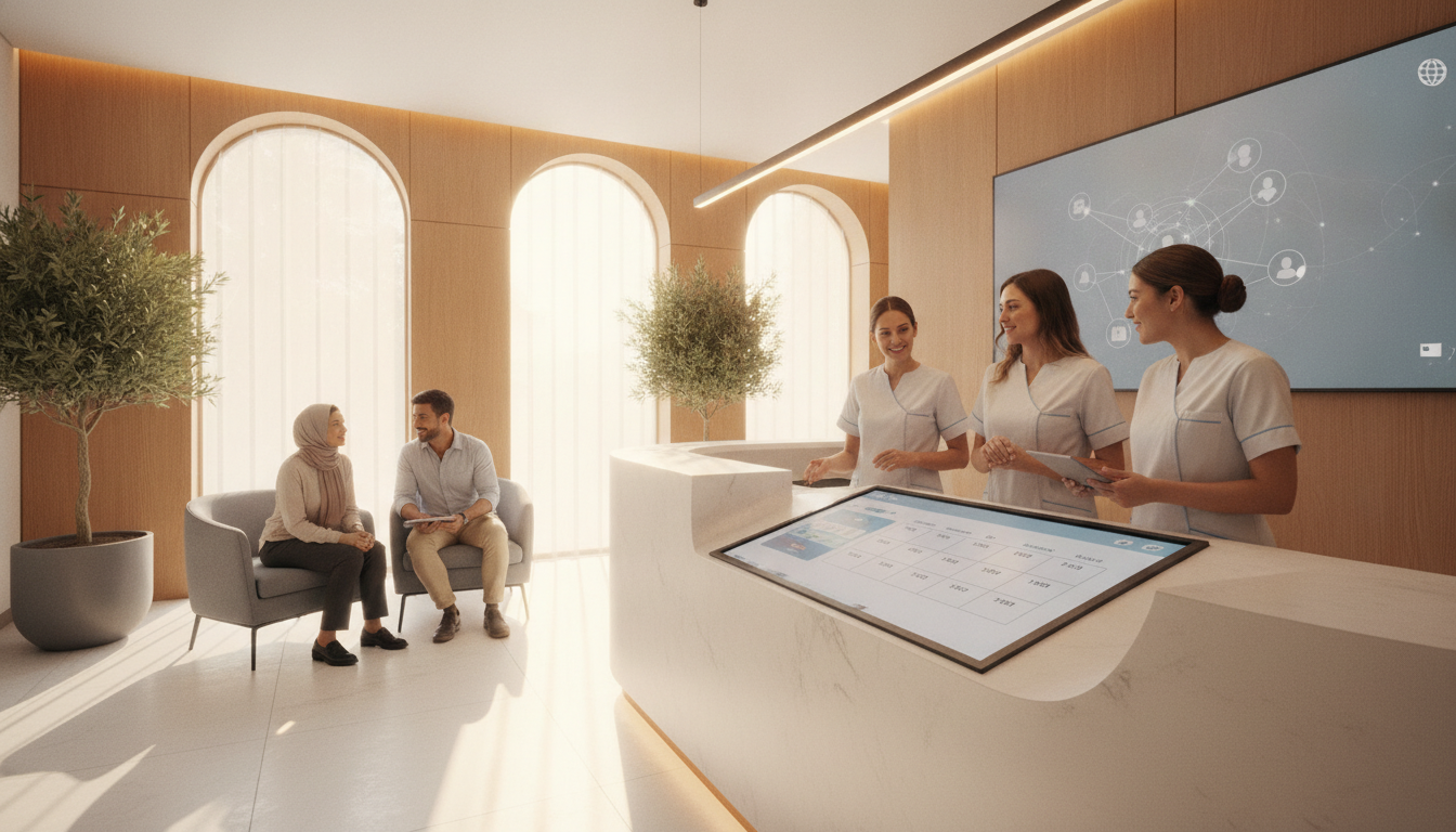 Equipo de una clínica privada trabajando en recepción