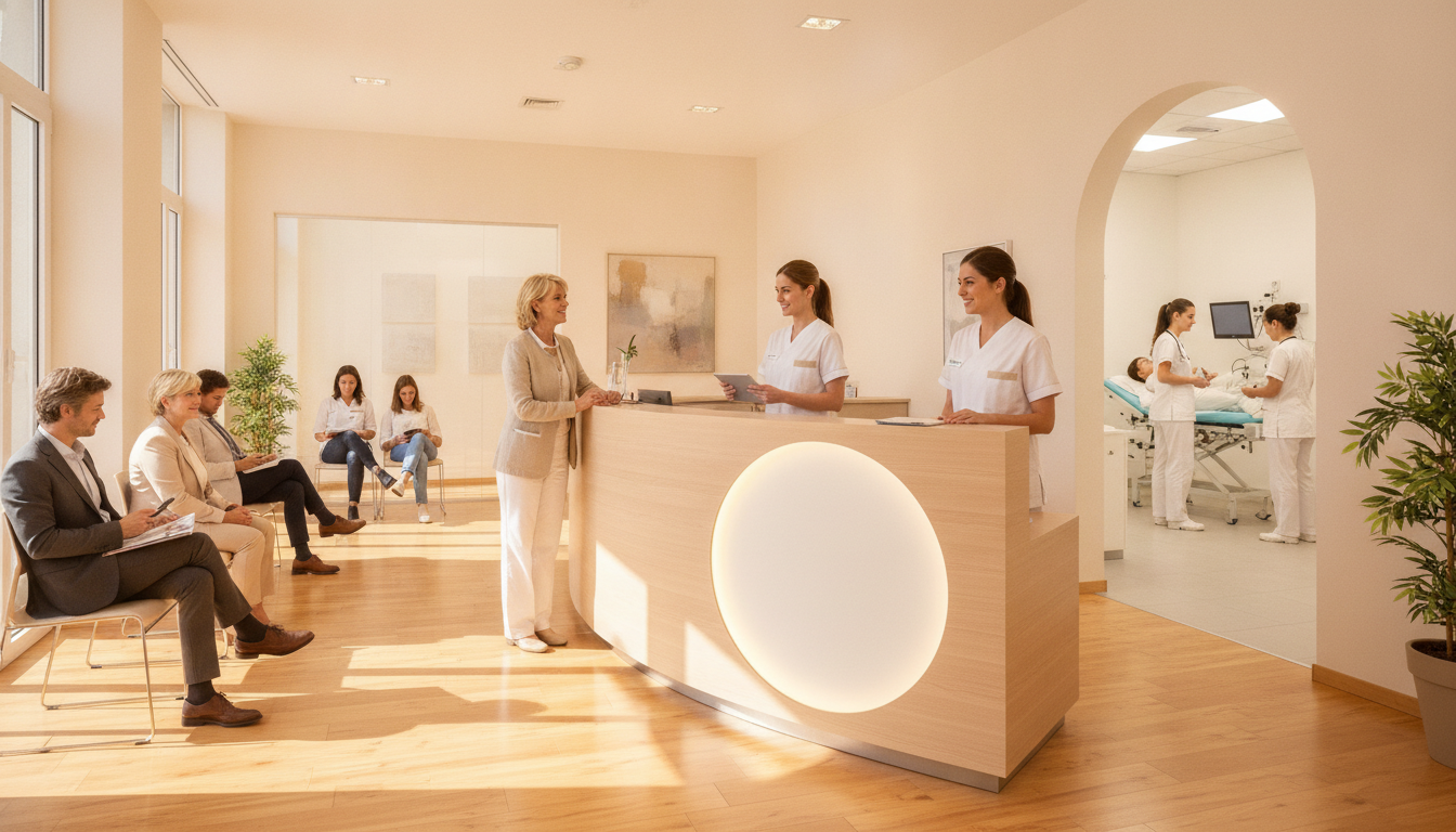 Equipo de una clínica privada trabajando en recepción